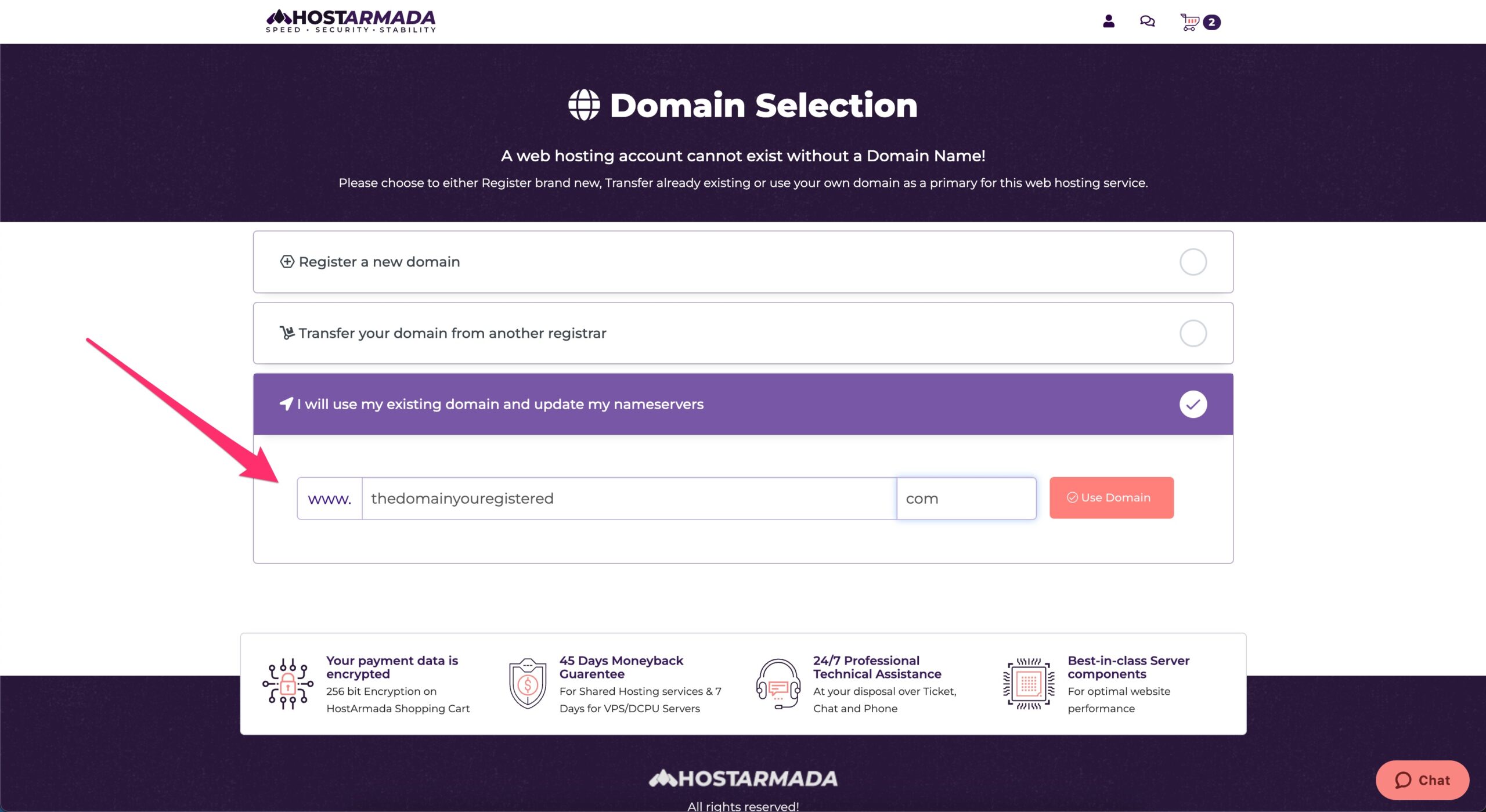 hostarmada checkout domain selection scaled