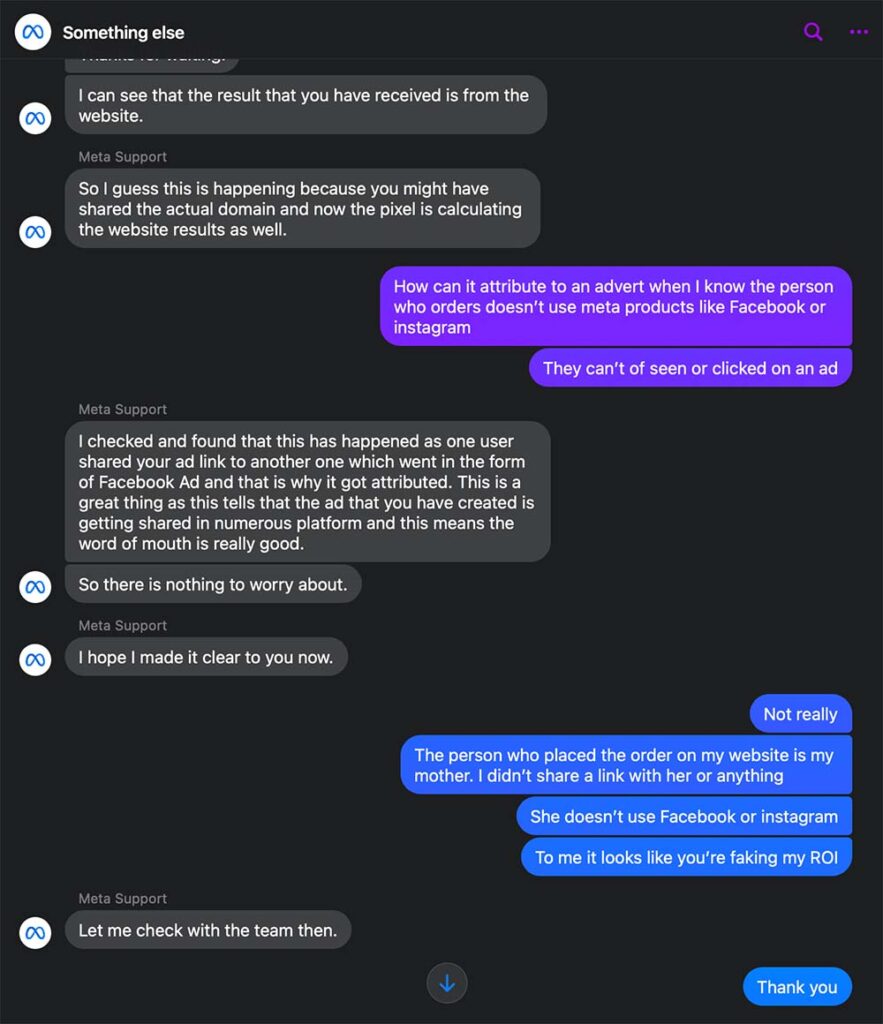 Facebook support conversation